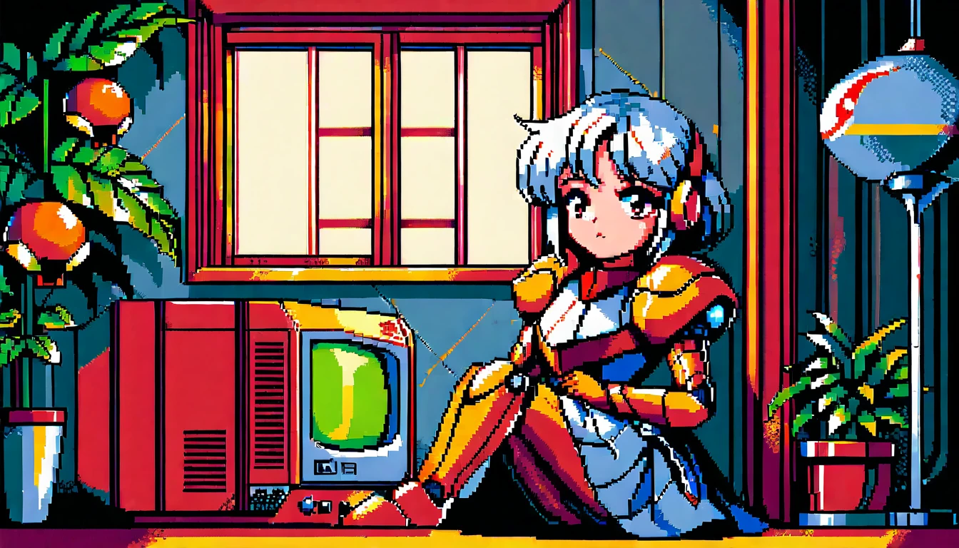 Chica anime sentada junto a PC retro en escena pixel art