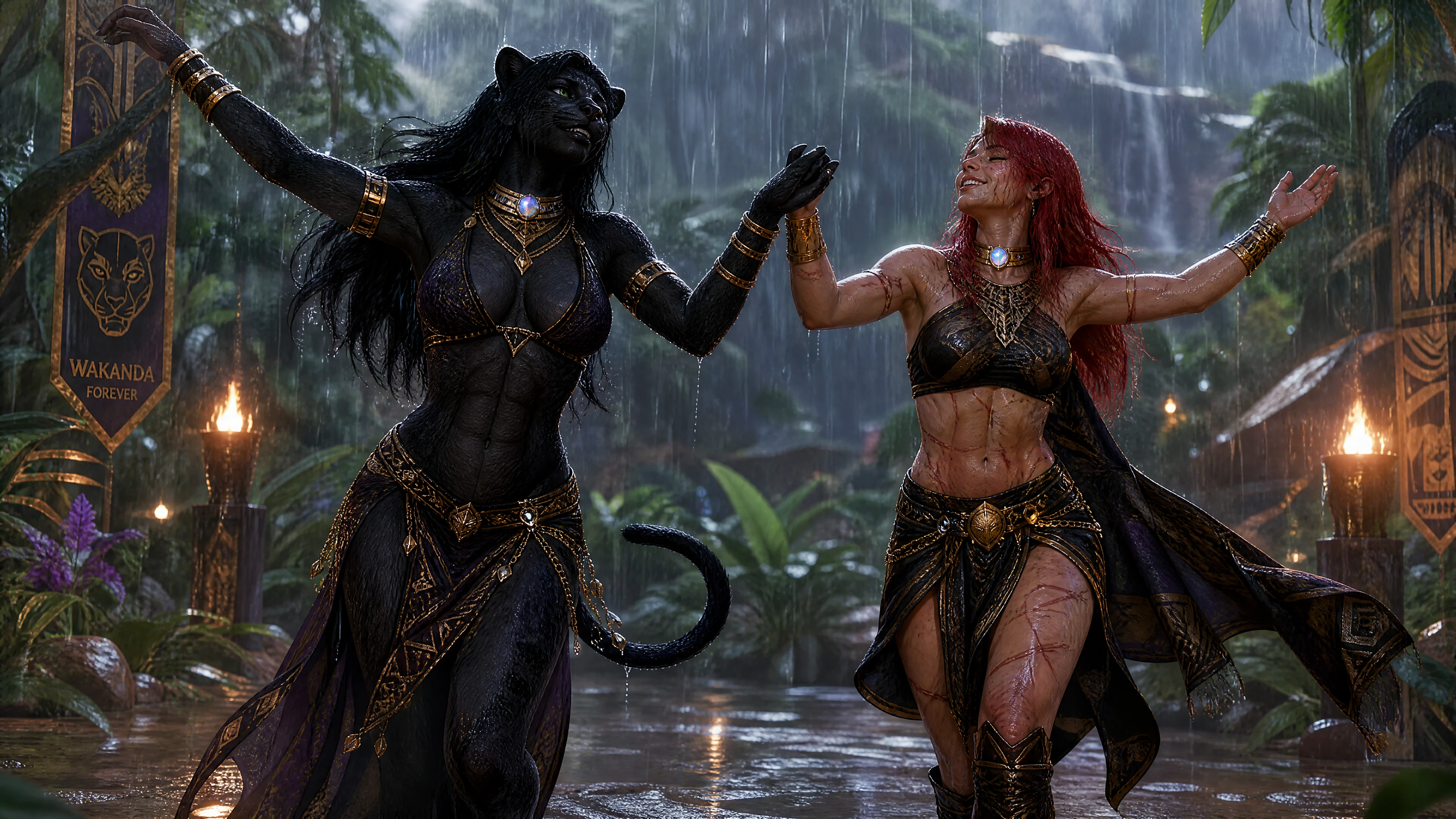 Dos reinas guerreras bailando bajo la lluvia de una jungla tropical