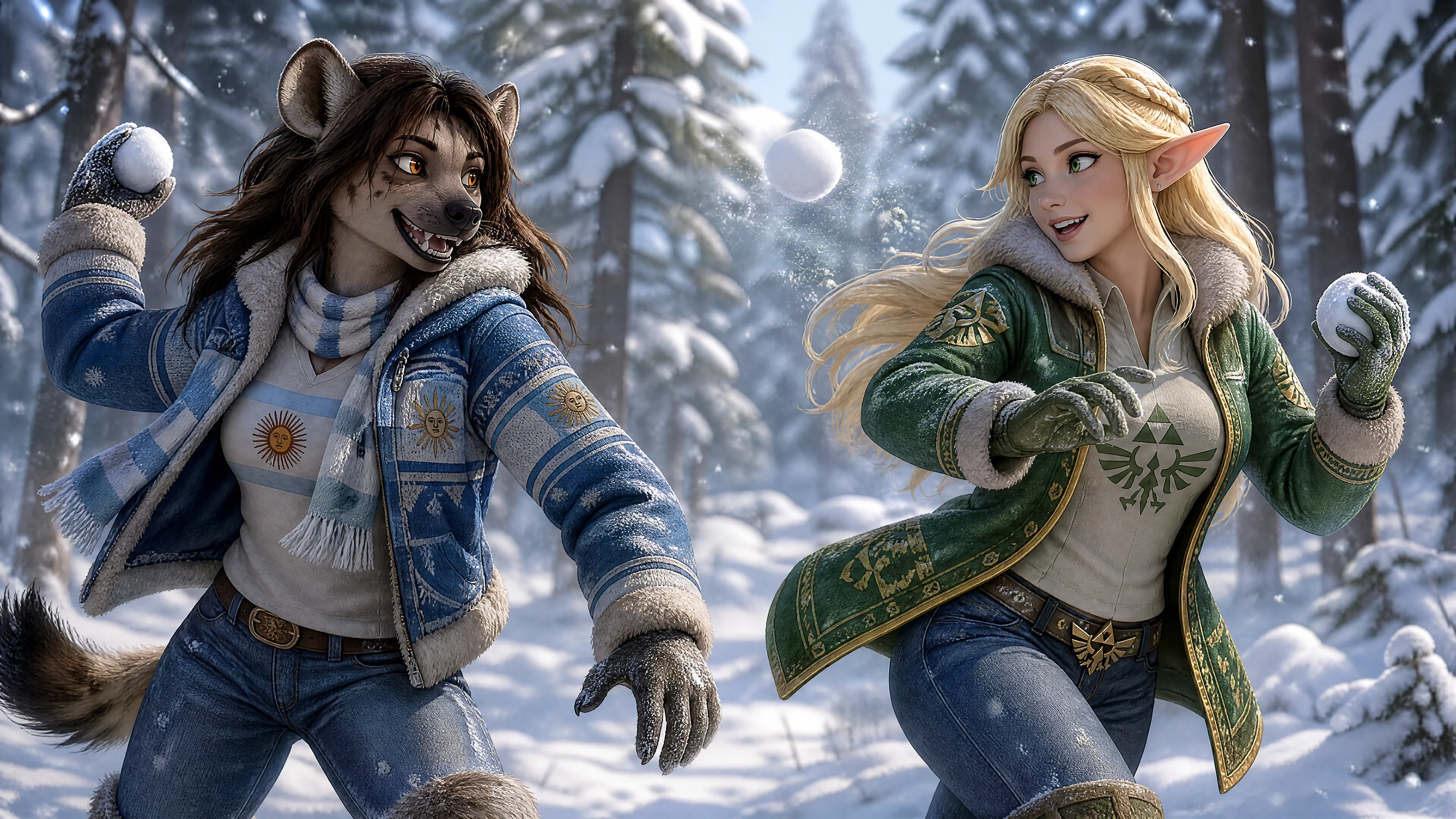 雪の冬の森で遊ぶ2人のファンタジー女性