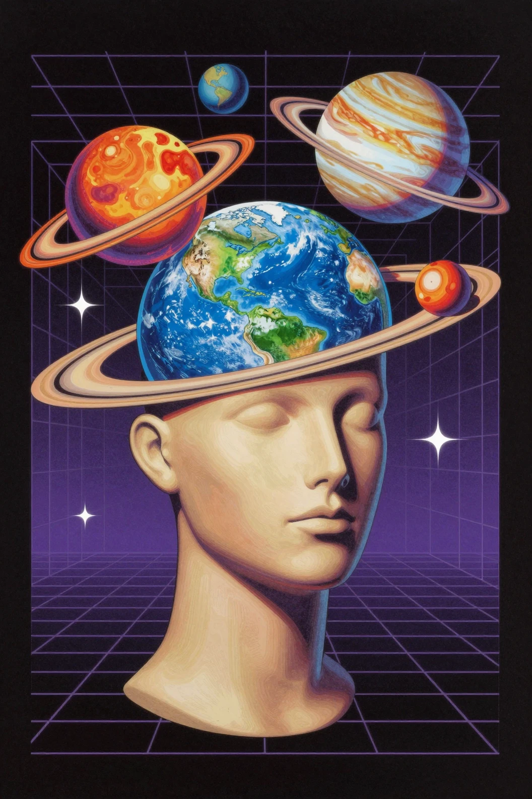 Cabeza de maniquí surreal con planetas emergiendo en un espacio neón