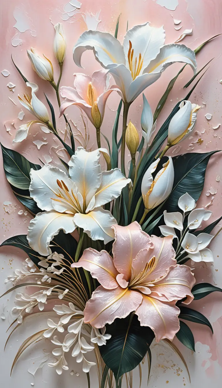 Dipinto floreale bianco testurizzato su sfondo rosa tenue