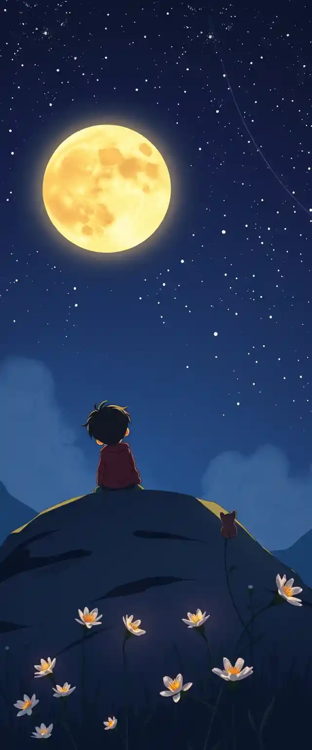 Child and cat on a rock under a glowing full moon