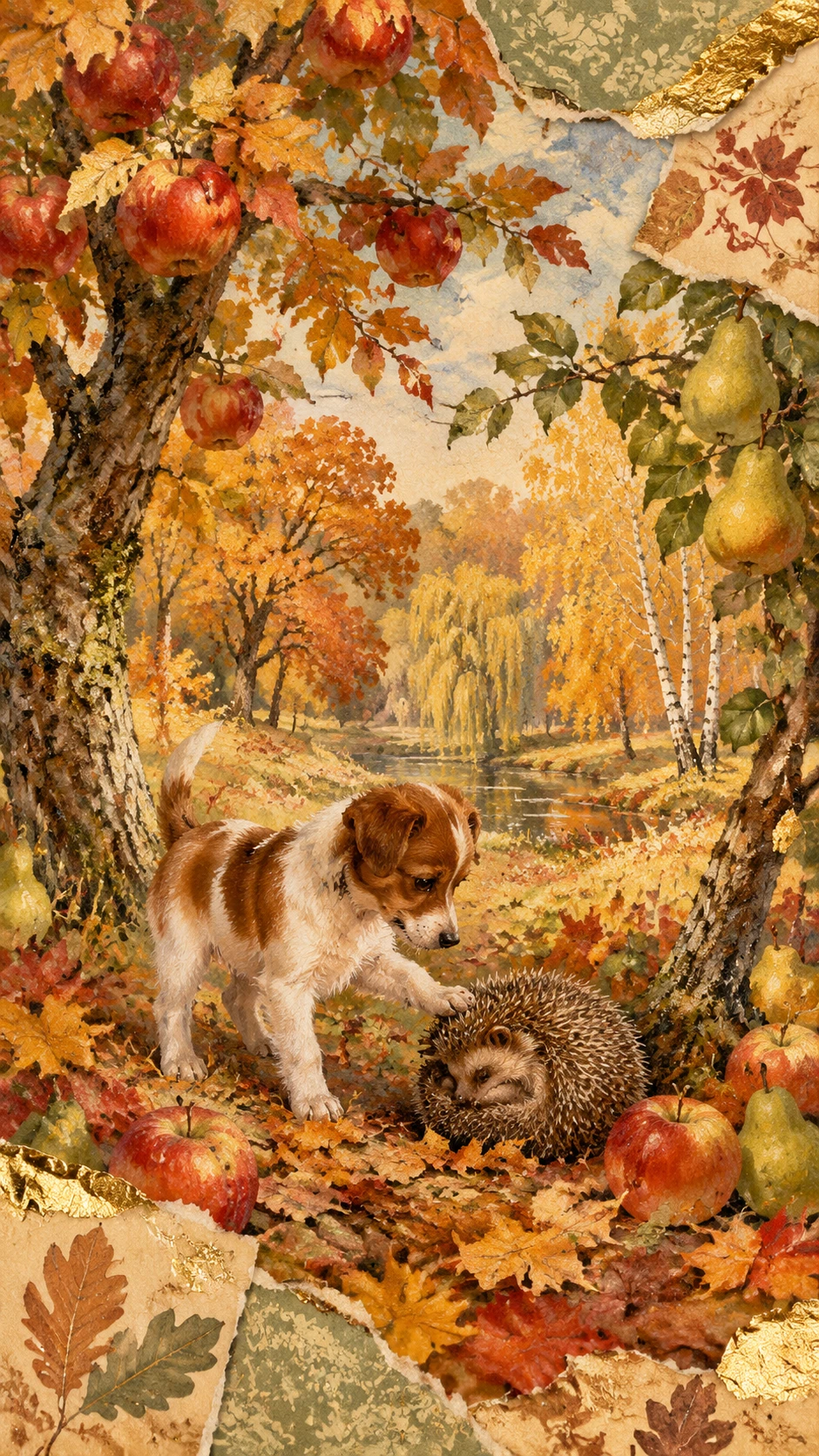 Hérisson et chien dans un collage de forêt d’automne colorée