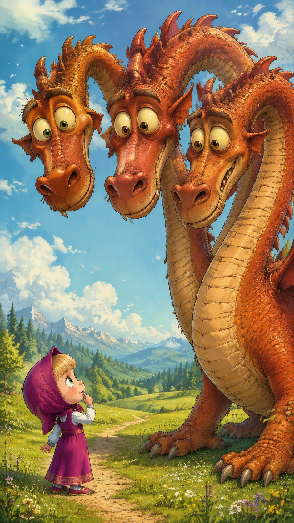 Niña pequeña y curiosa frente a un dragón de tres cabezas en un campo