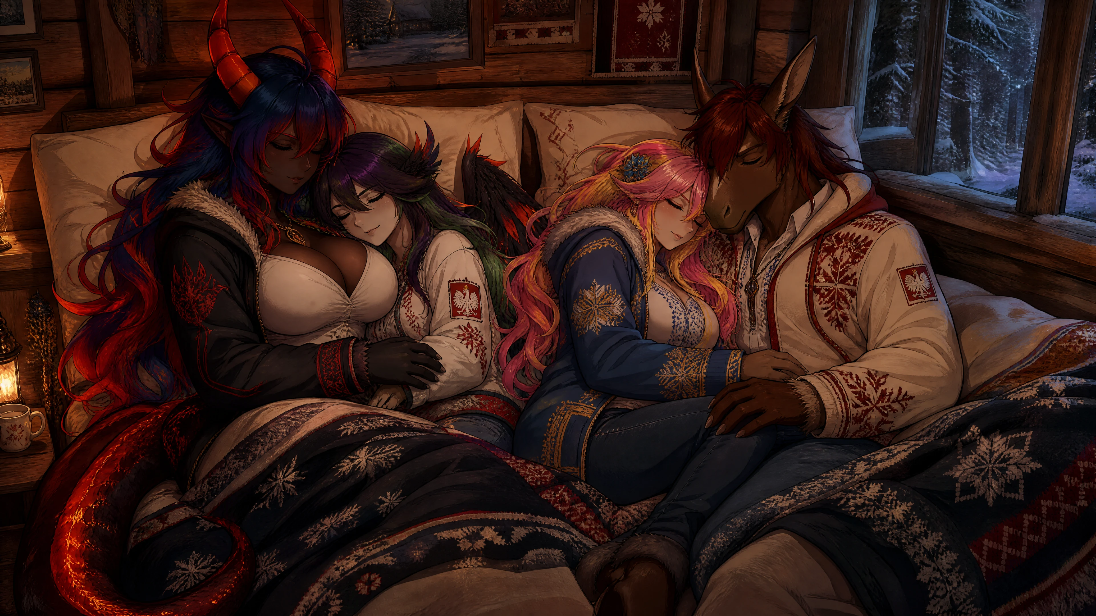 Fantasy couple sleeping together in a cozy winter cabin