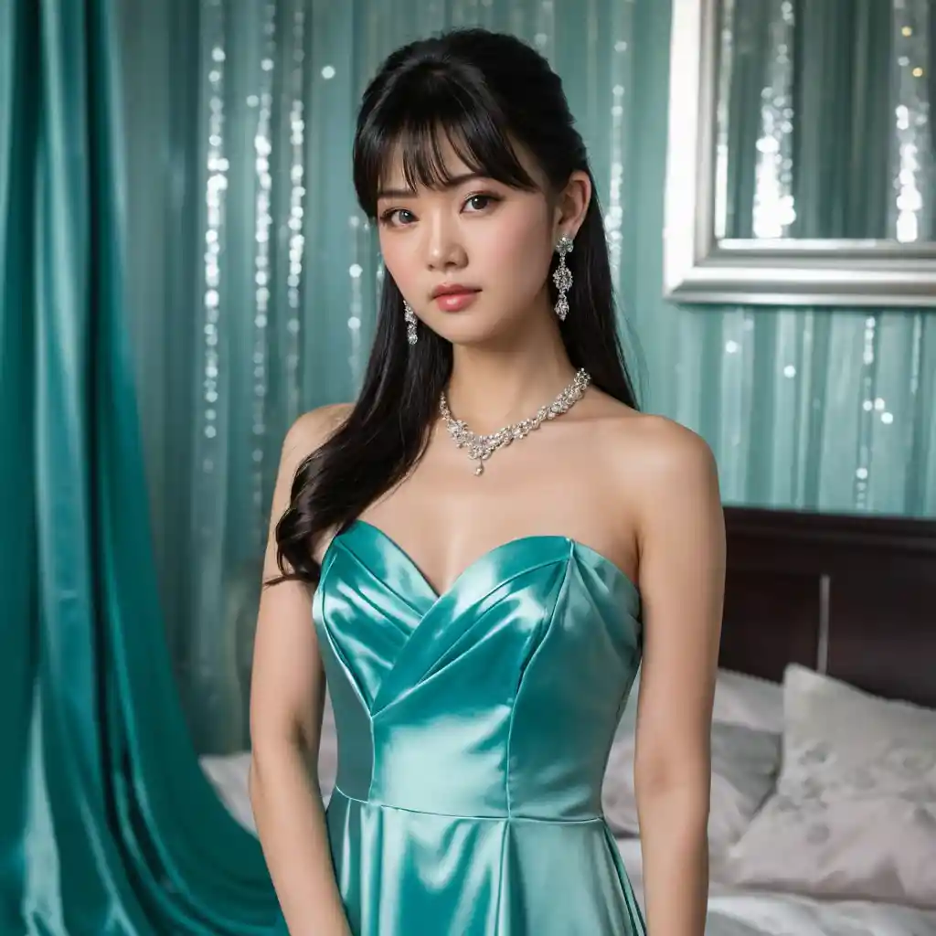 청록색 새틴 이브닝드레스를 입은 우아한 젊은 여성