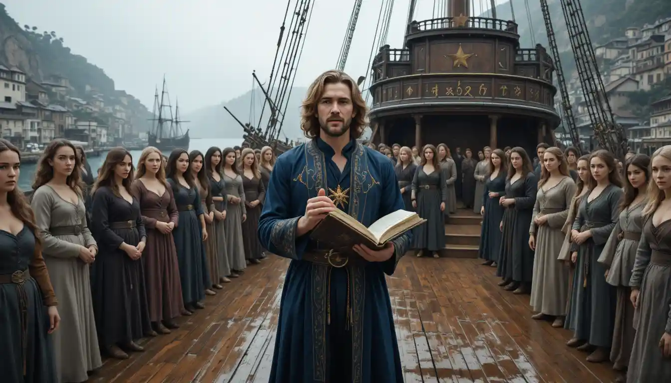 Homem pregando para mulheres no convés de um navio à vela medieval