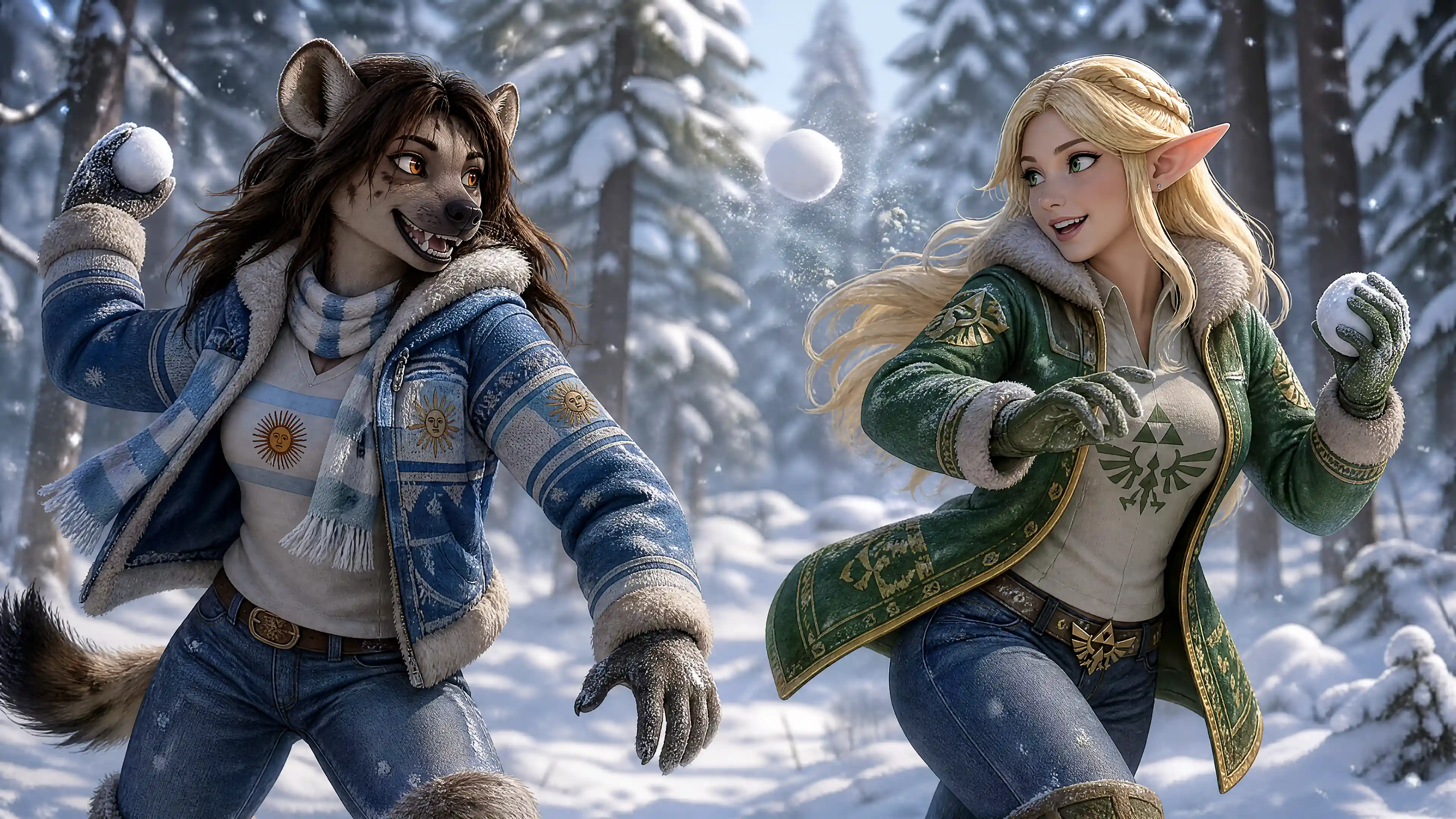 Two fantasy women playing in a snowy winter forest