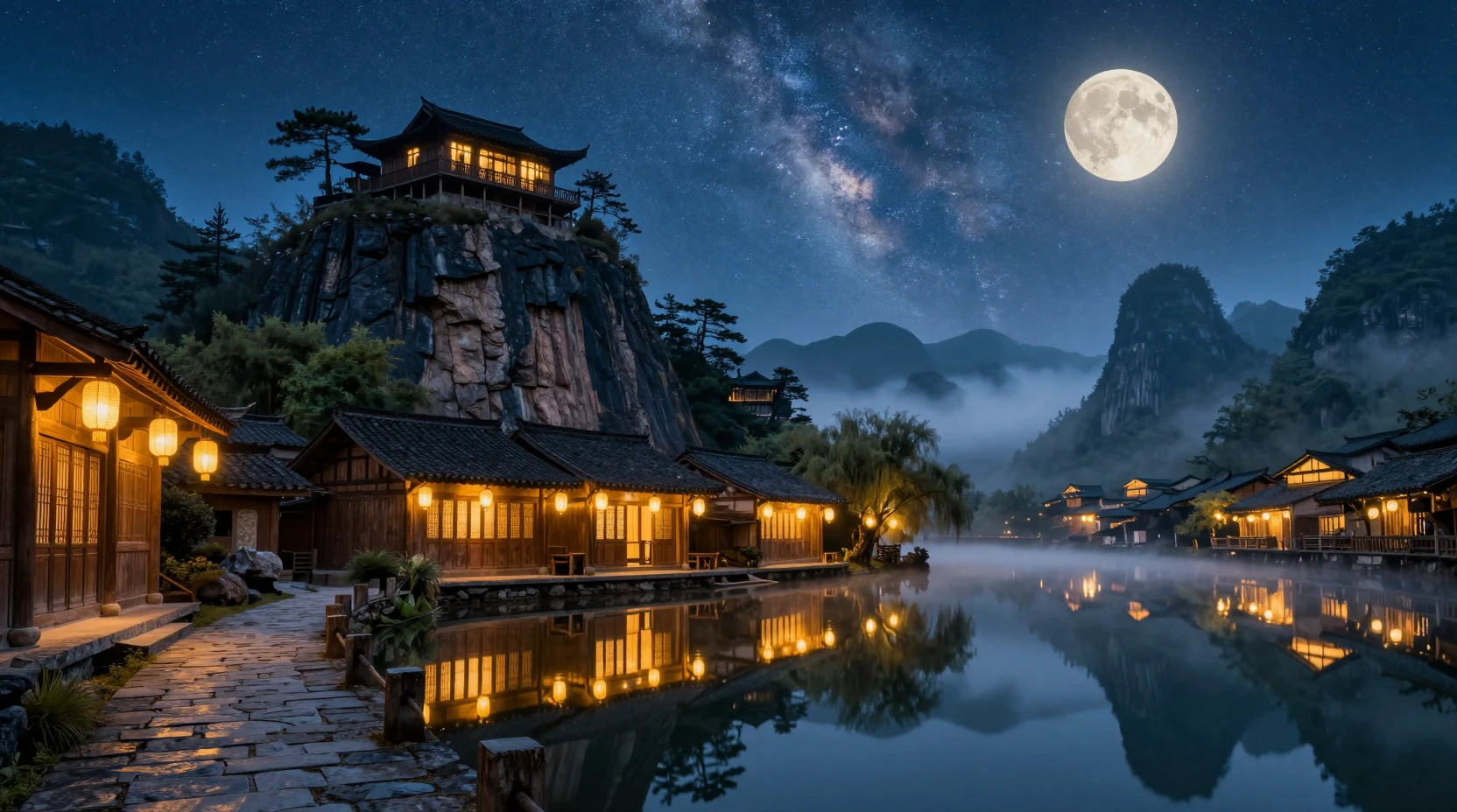 Village au bord du lac de nuit avec maisons en bois éclairées aux lanternes