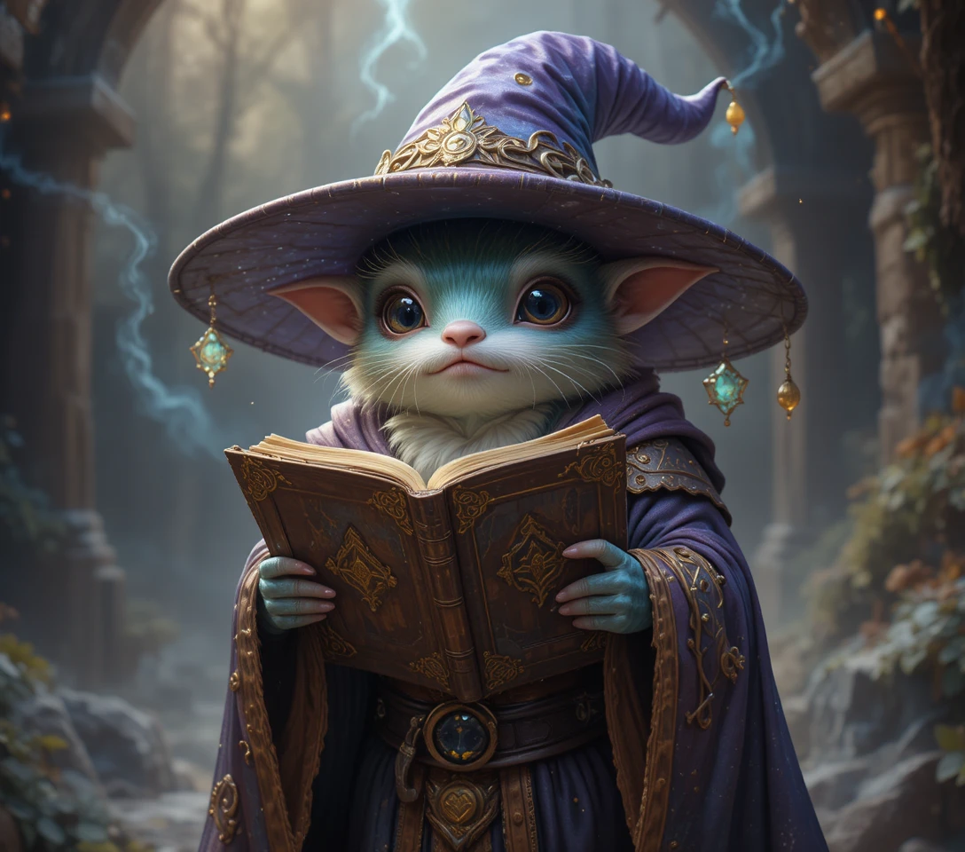 Adorable créature fantastique avec chapeau de sorcier tenant un livre ancien