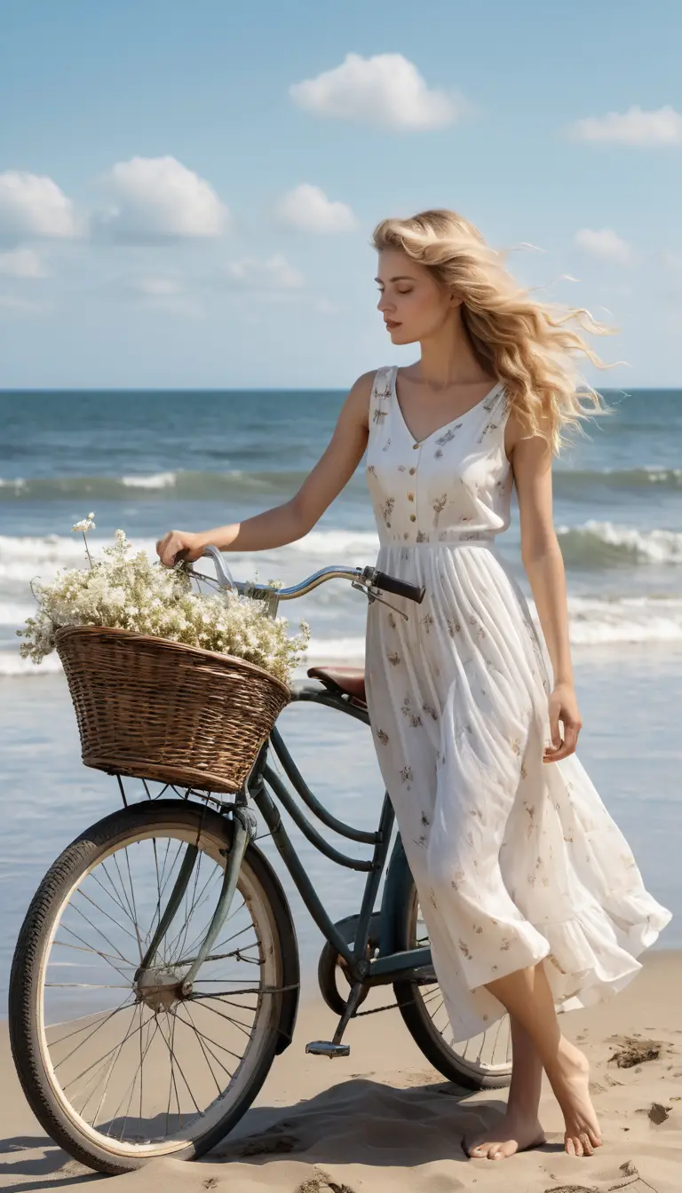 Joven con bicicleta vintage en una playa de verano