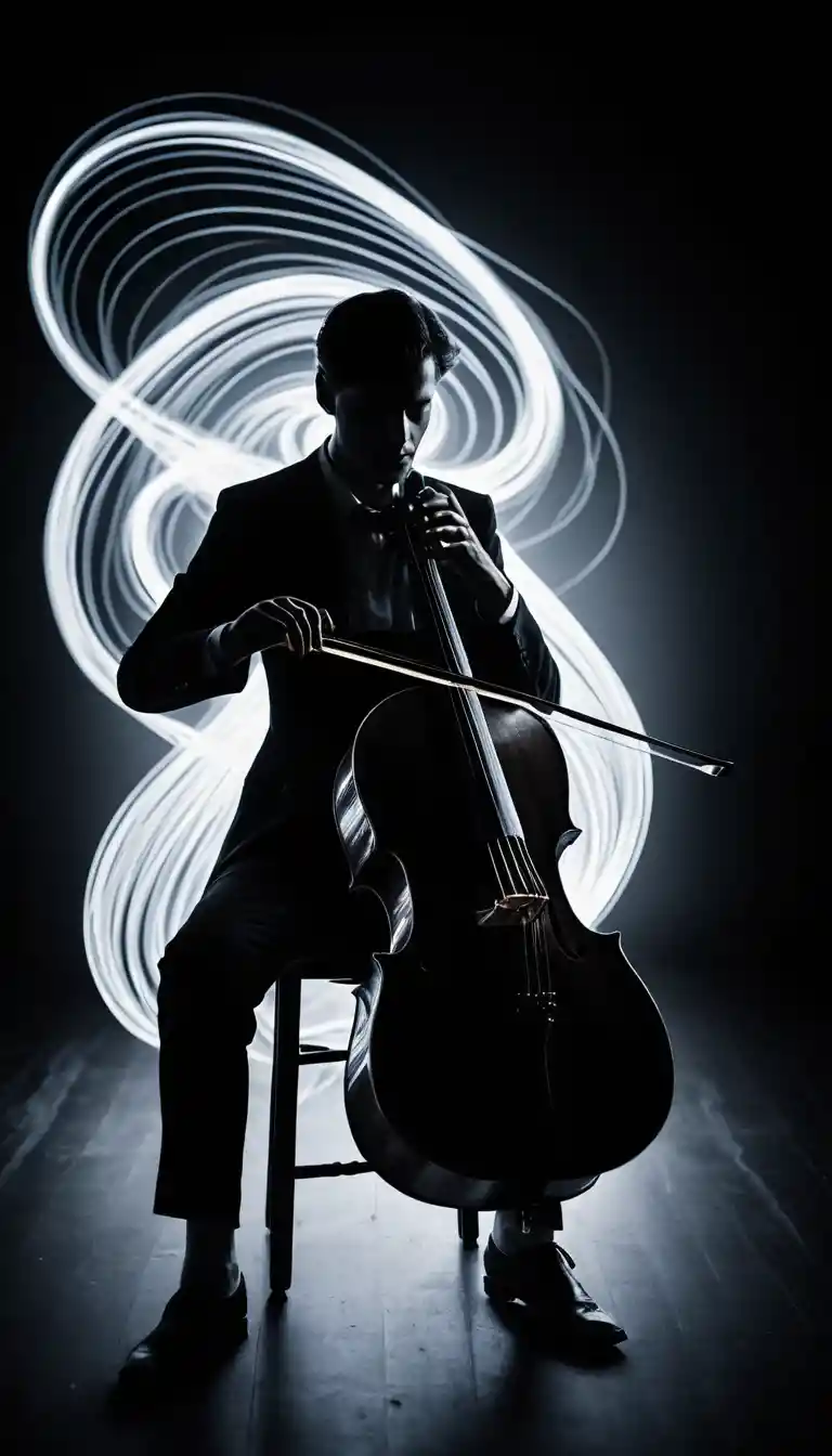 Ghostly light painted cello silhouette in dark room