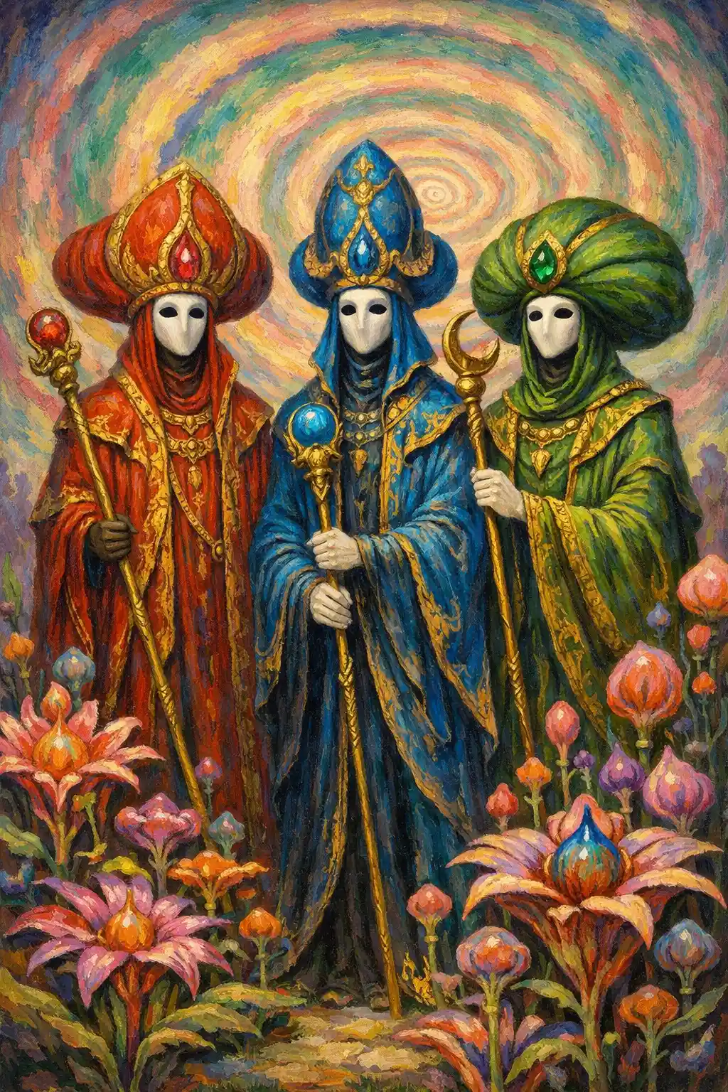 Surreal robed figures beneath a pastel spiral sky