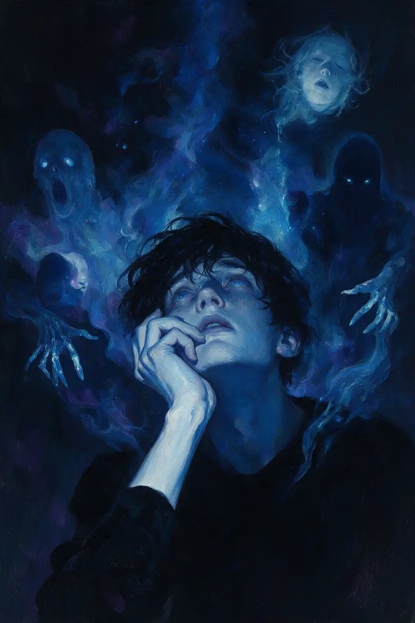 憂鬱男子在藍光中被漂浮的幽靈幻影包圍