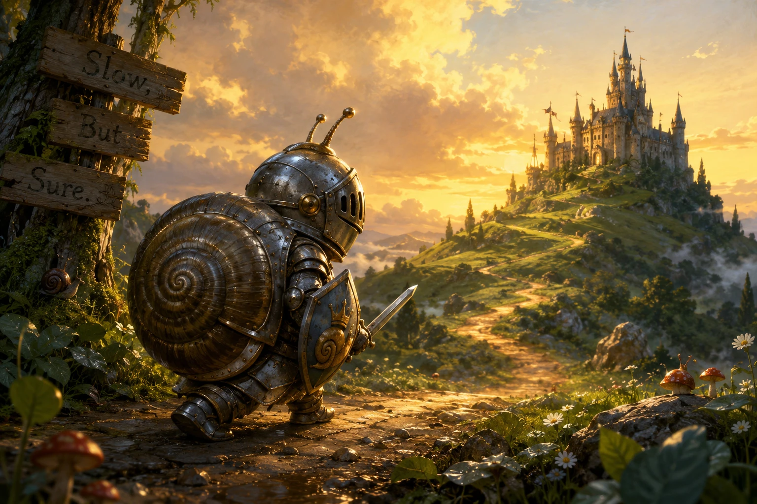 Tiny snail shell knight marching toward a distant castle