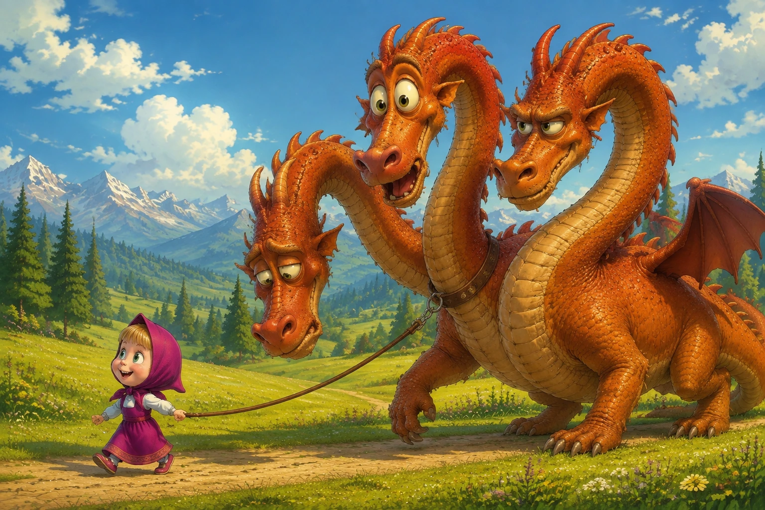 Giovane ragazza che porta al guinzaglio un drago a tre teste