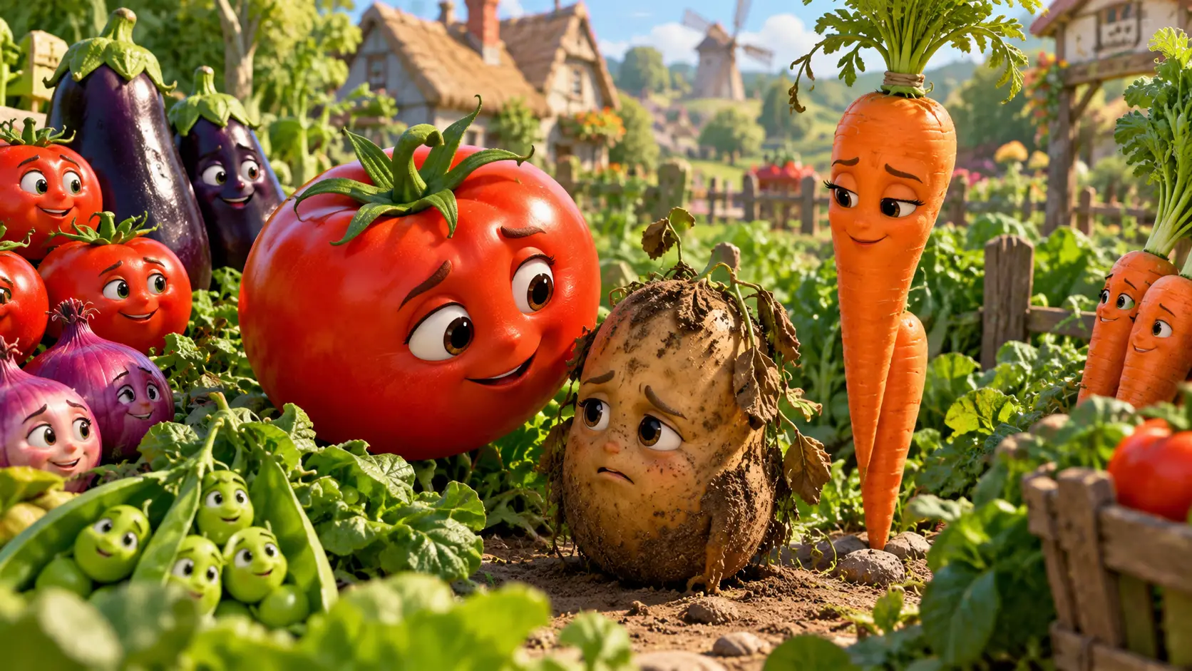 Whimsical farm vegetables gathered in a lush green village