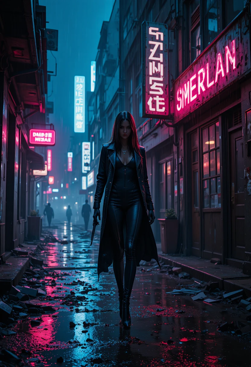 Assassina androide in una città cyberpunk immersa al neon