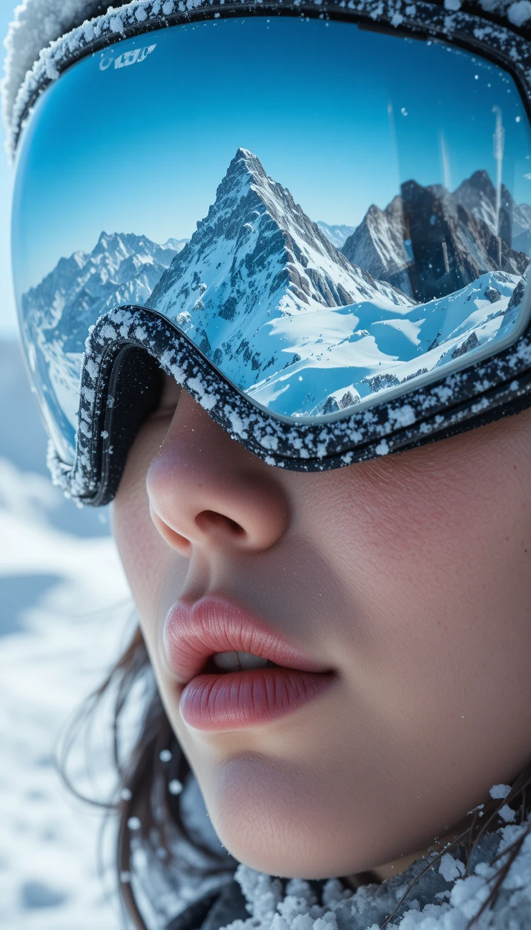Extremes Close-up einer Frau mit Skibrille und alpiner Spiegelung