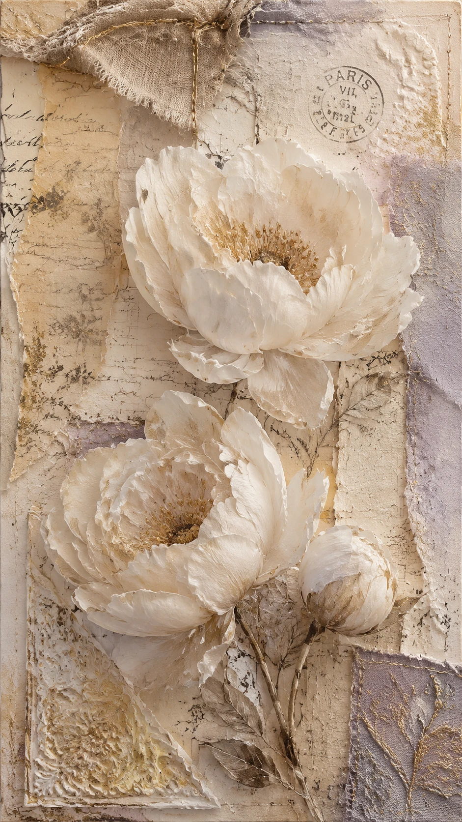 Soft mixed media collage with white peonies and gold accents