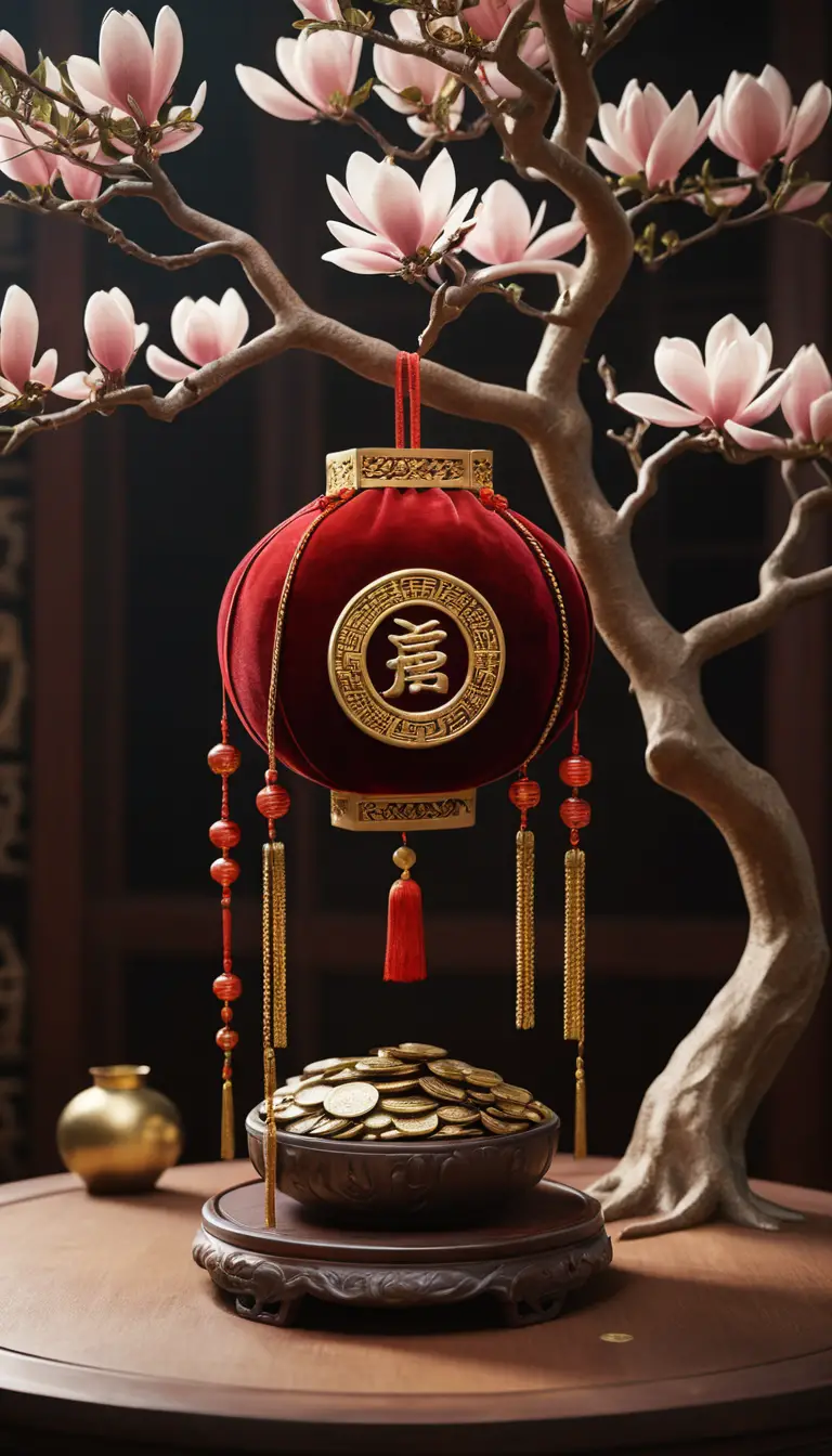 紅色絨布招財袋與金幣中的招財樹