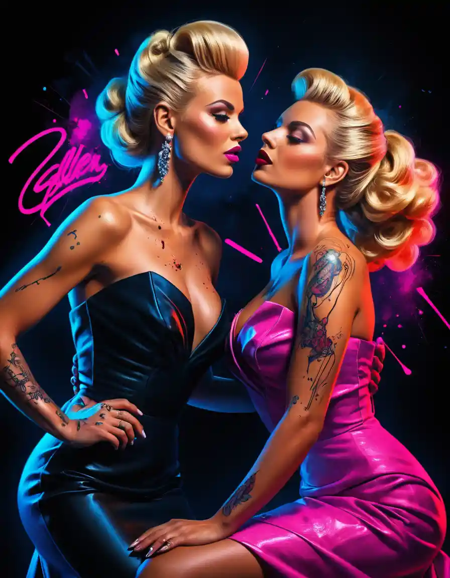 Pin-up bionda illuminata al neon in elegante abito da gala