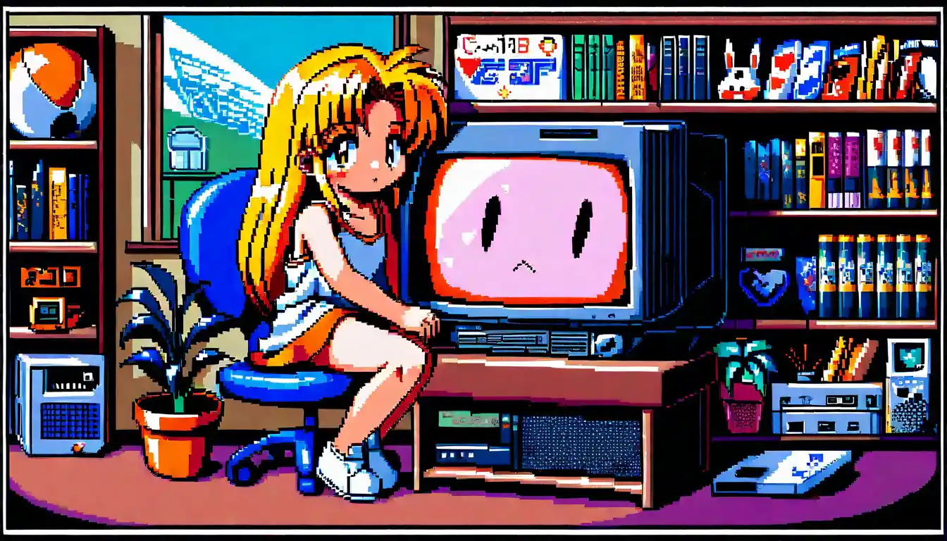 방 안에서 빈티지 CRT 컴퓨터 옆에 앉아 있는 애니메이션 소녀