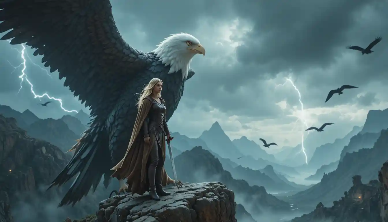 Warrior woman with giant eagle on stormy mountain cliff