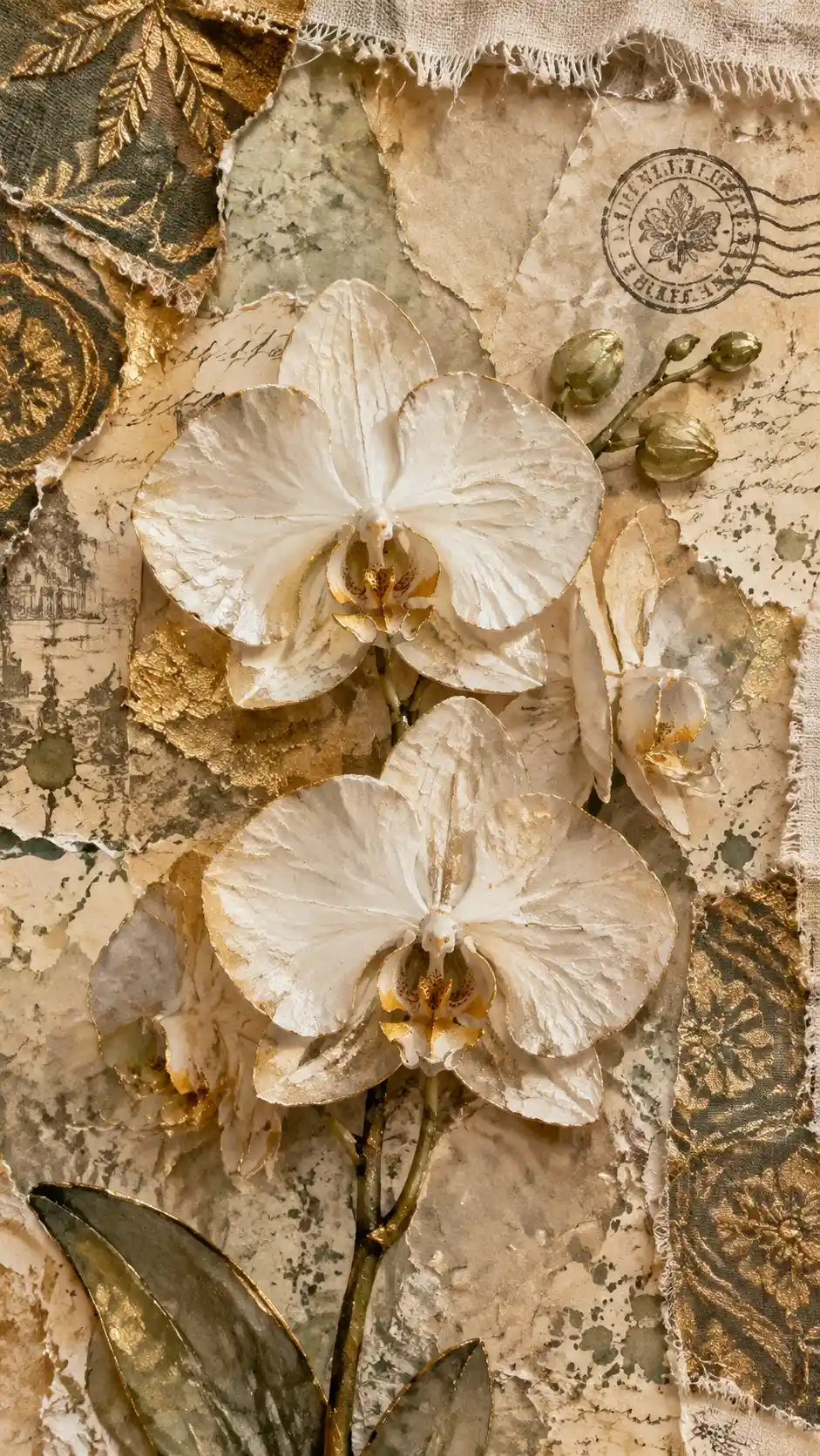 Ritratto collage mixed media di orchidea bianca con accenti dorati