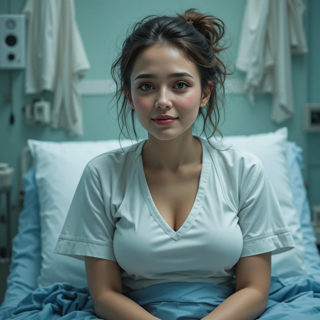 Enfermera triste con camisa blanca sentada en una habitación de hospital