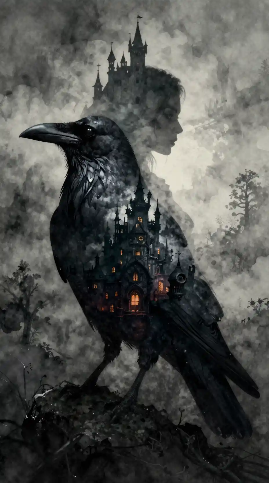Double exposure raven silhouette with surreal steampunk city