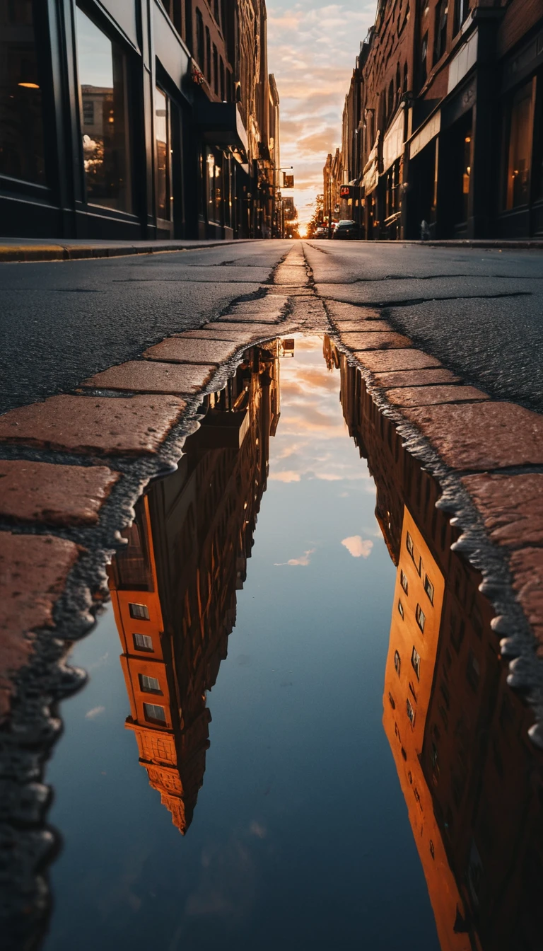 Stadtgebäude, die sich in einer Pfütze unter einem leuchtenden Abendhimmel spiegeln
