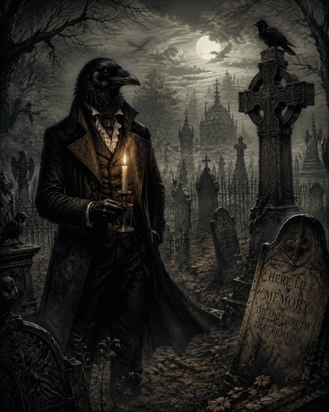 Raven gentleman with candle in a foggy Victorian cemetery