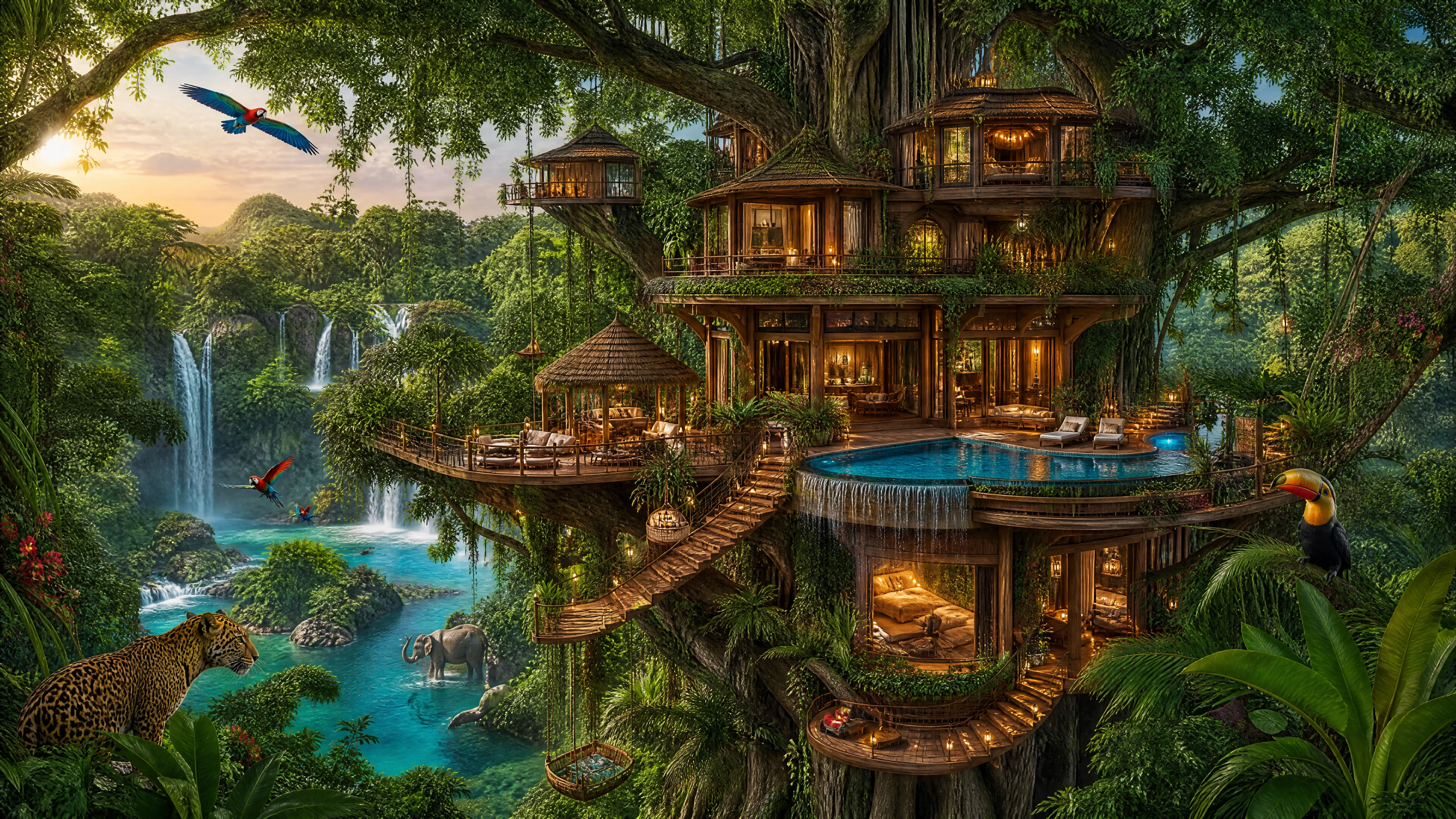 Luxurious private treehouse rising above a tropical jungle