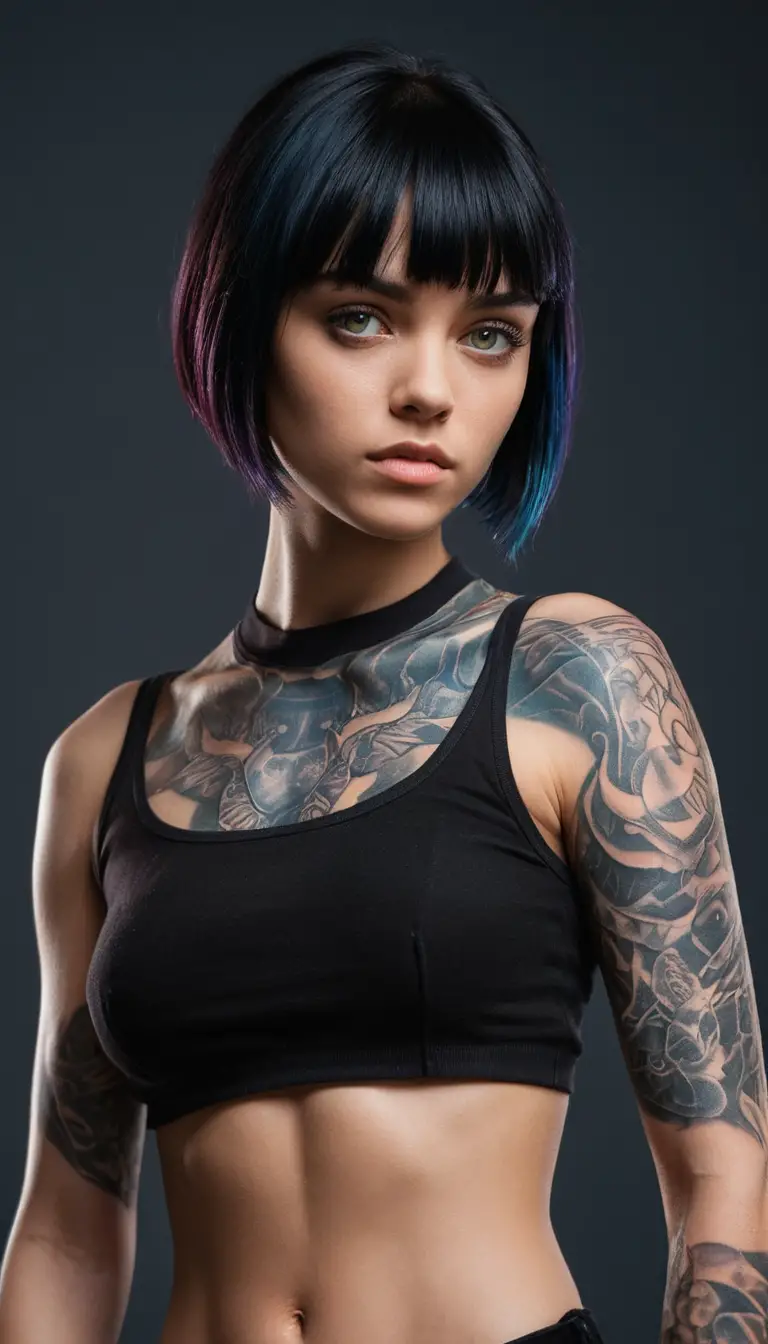 Donna fantasy tatuata che posa in un outfit nero lucido