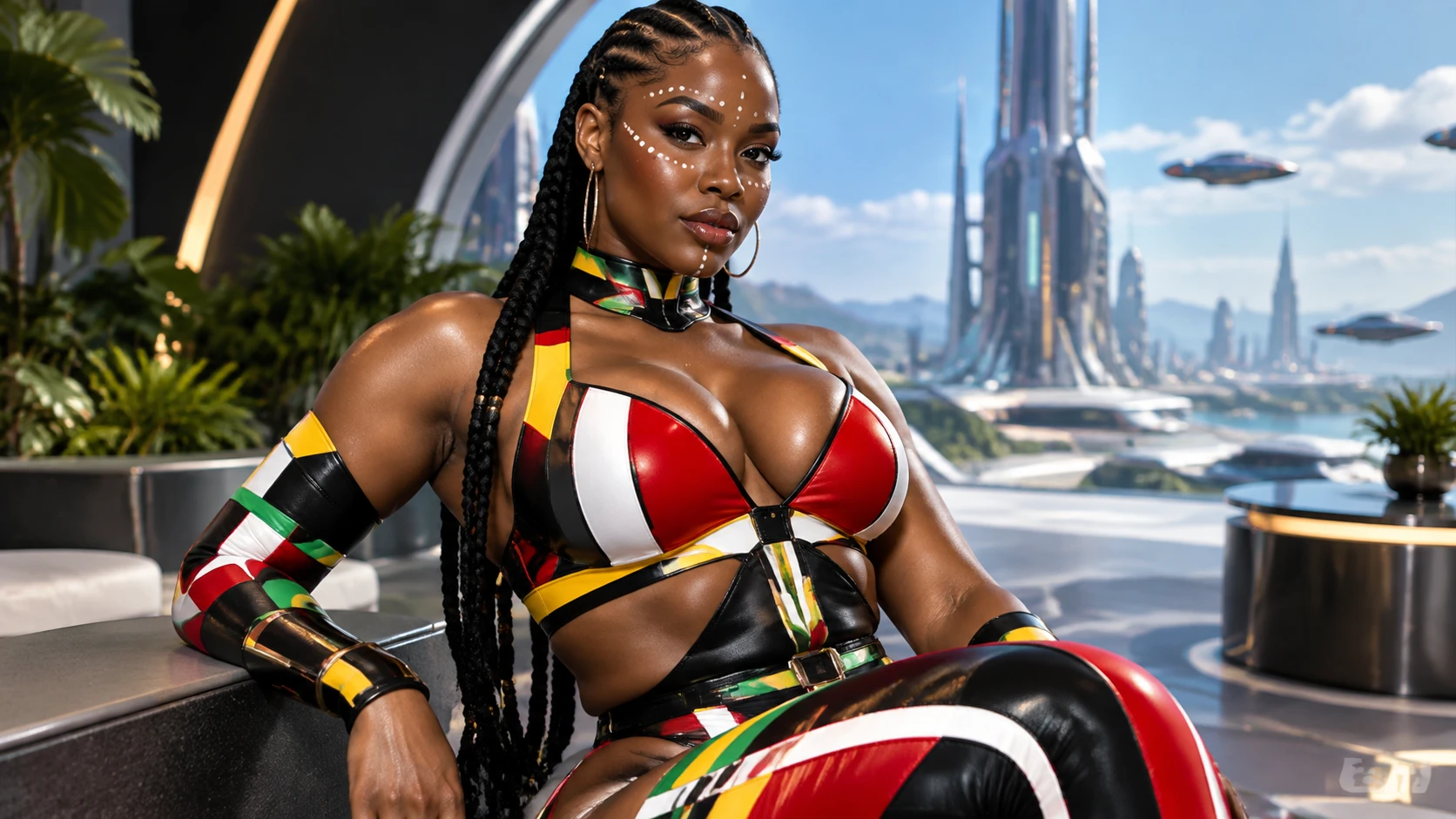Kurvige afrikanische Frau in bunter futuristischer Tribal-Mode