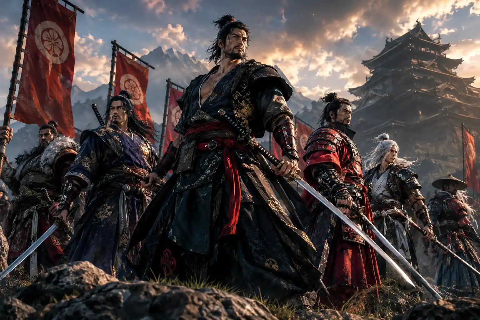 Majestic warriors posing with katanas before legendary battle