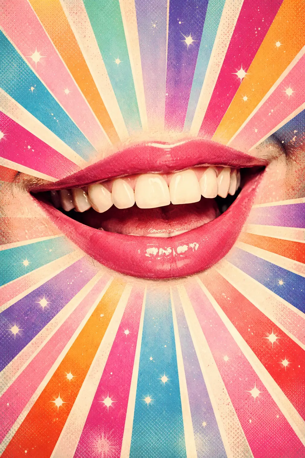 Boca sonriente con rayos prismáticos de colores en estilo pop art