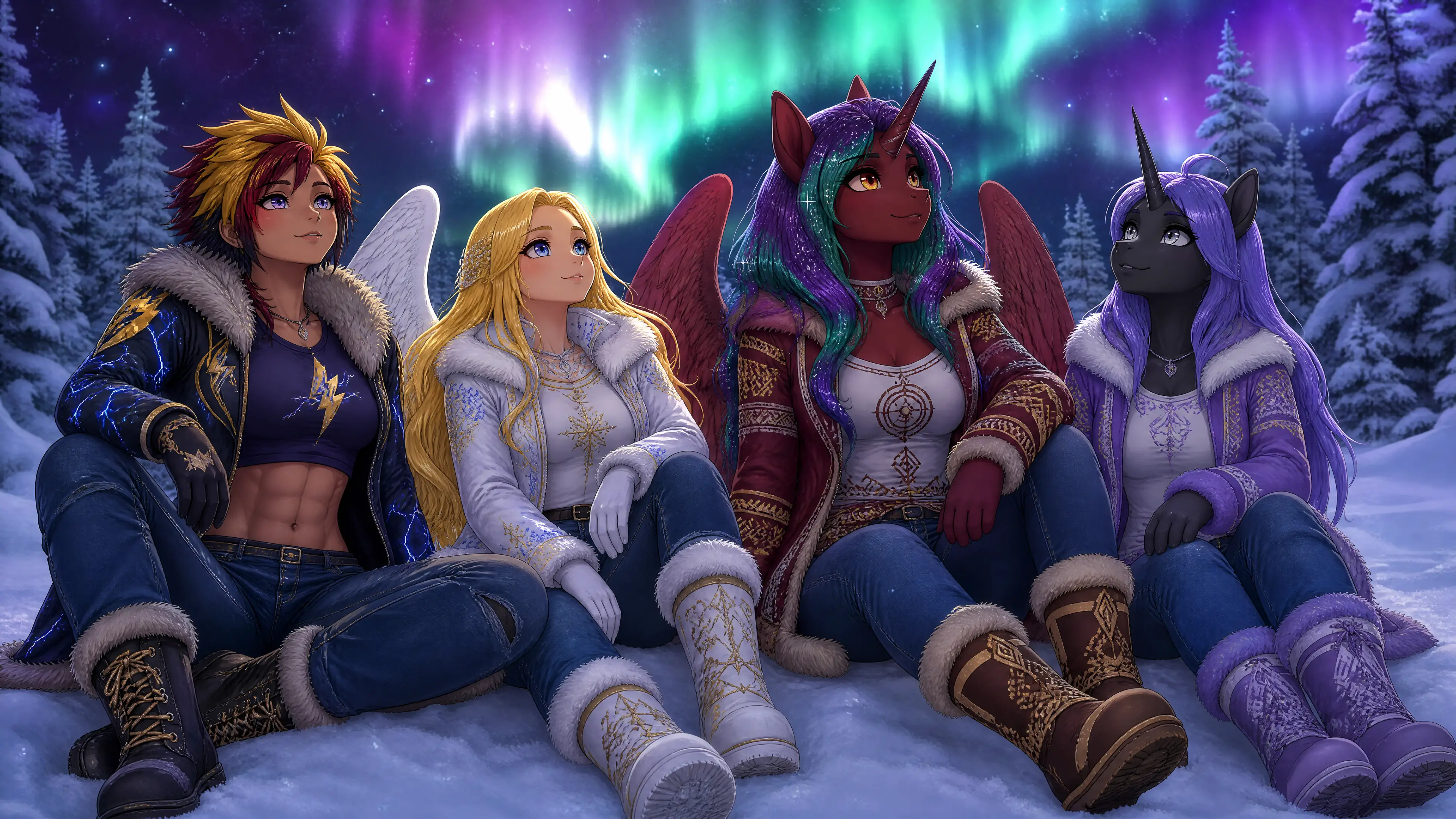 Quatre femmes fantastiques en tenue d’hiver regardant une aurore dans la neige