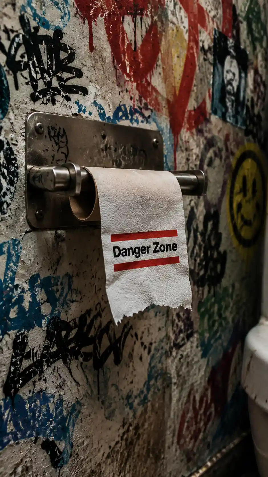 Gritty restroom wall with danger zone toilet paper roll