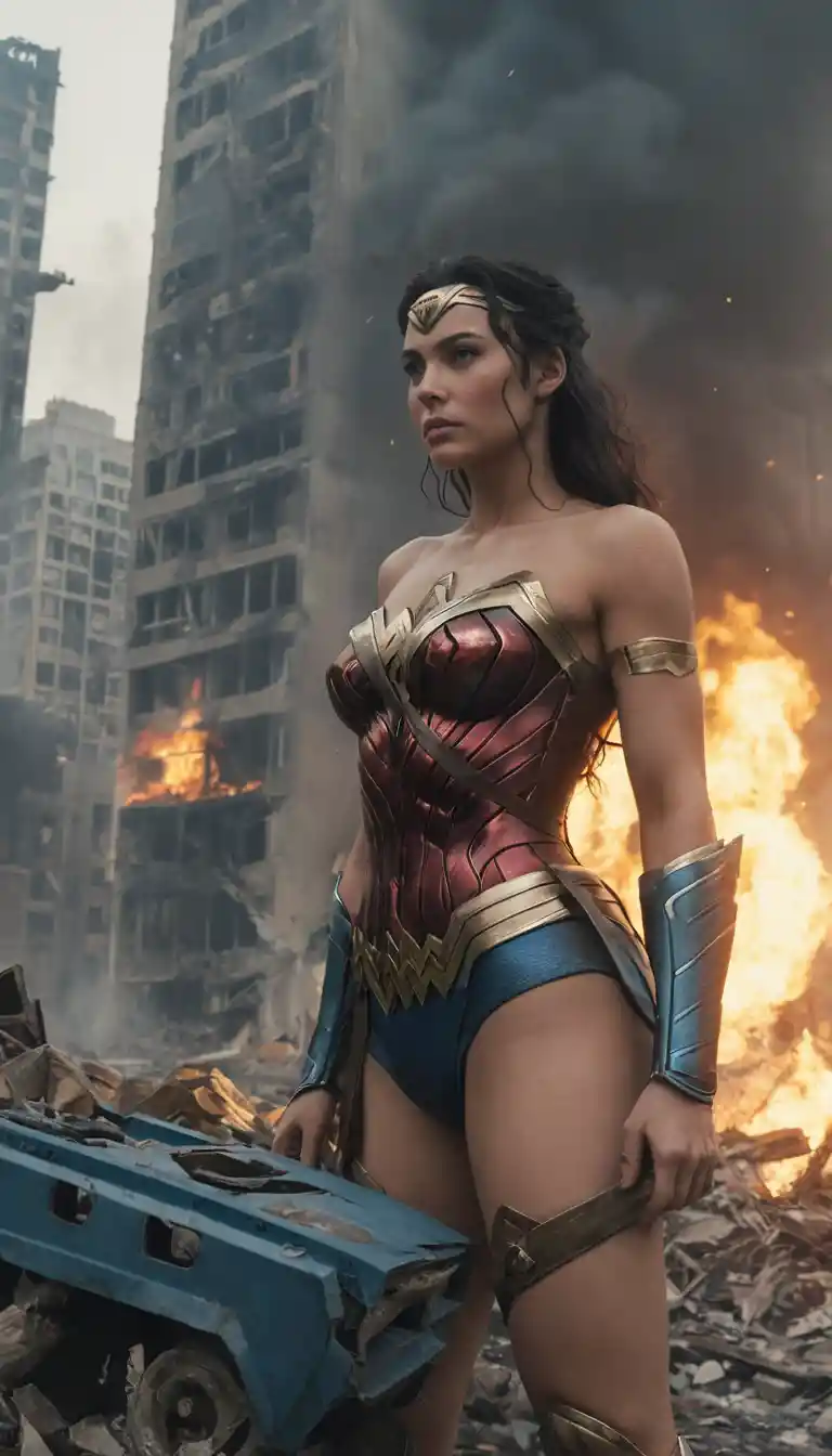 Warrior woman high kicks a robot in ruined city streets