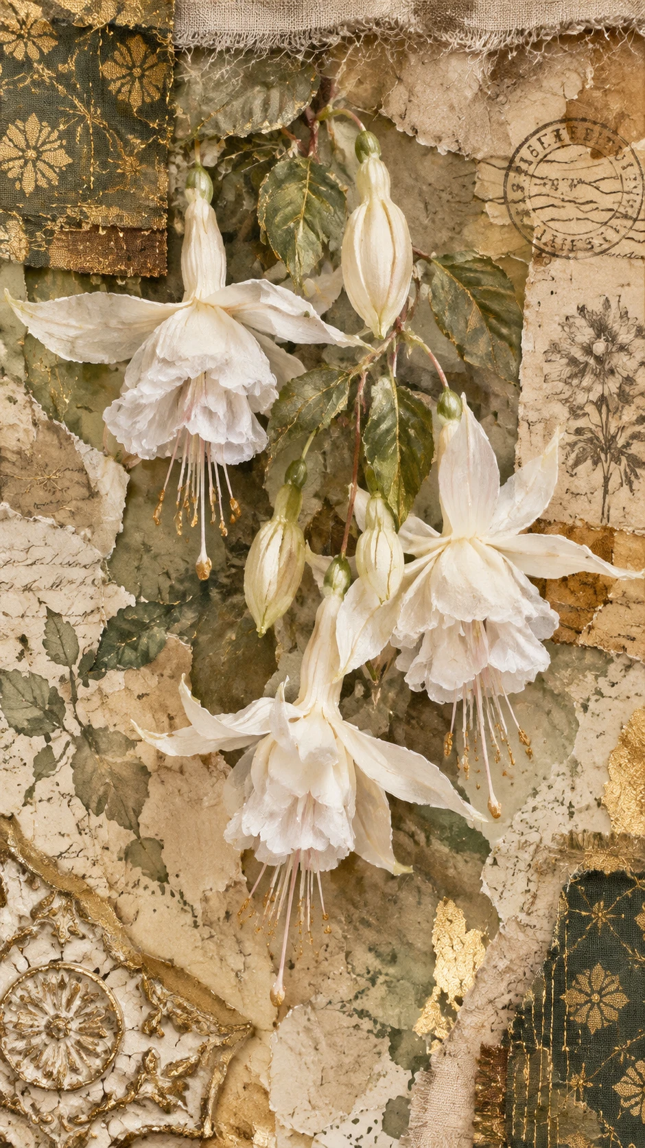 Suave collage de técnica mixta con flores de fucsia blancas