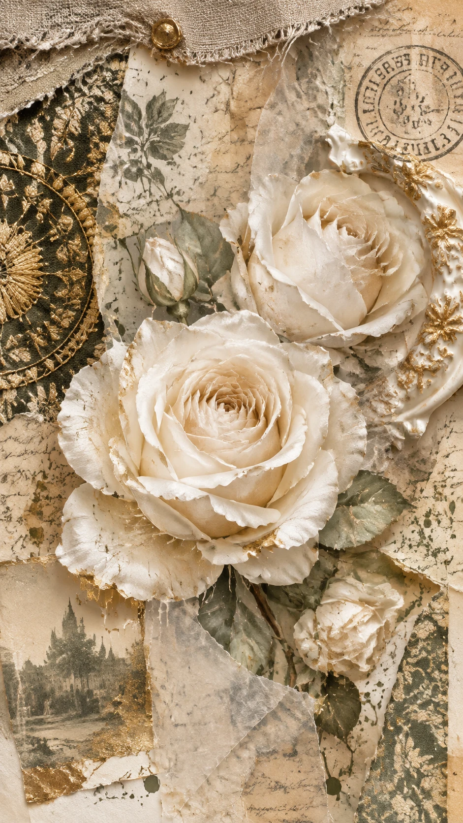 Suave collage de técnica mixta con rosas blancas y papeles vintage