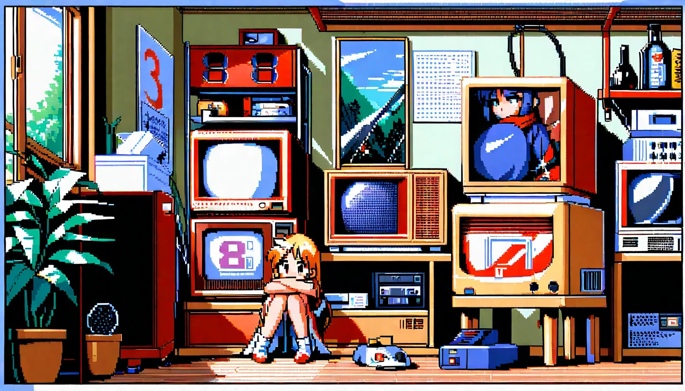 Anime girl sitting by retro PC in pixel art style