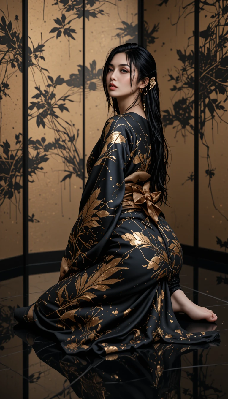 Elegant woman in black kimono on reflective dark floor