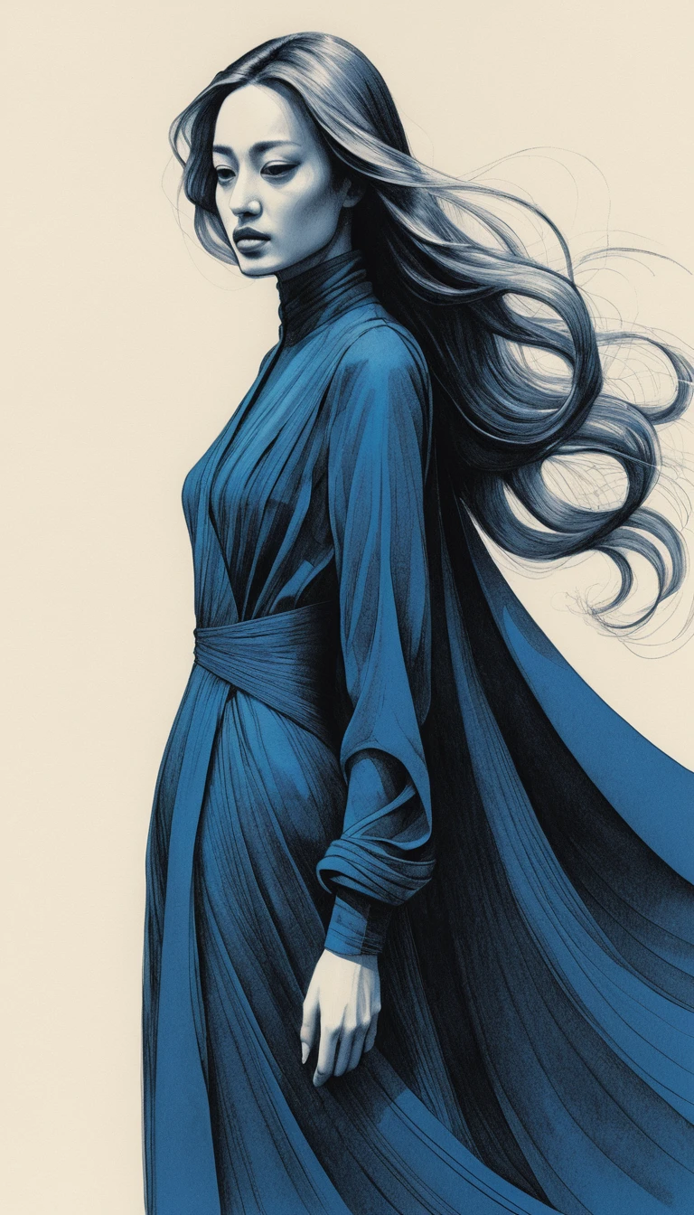 Dynamic close up fashion illustration of futuristic woman
