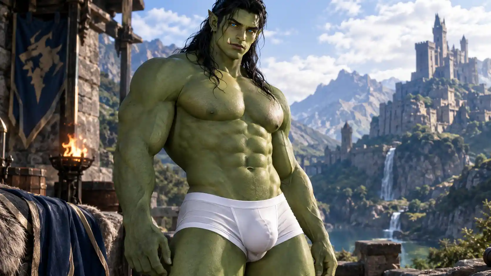 Tall green orc man in white underwear with muscular body