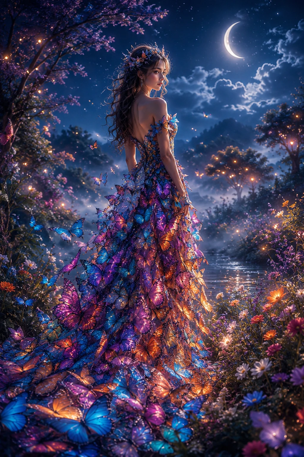 Femme mystique en robe papillon sous la lune en croissant