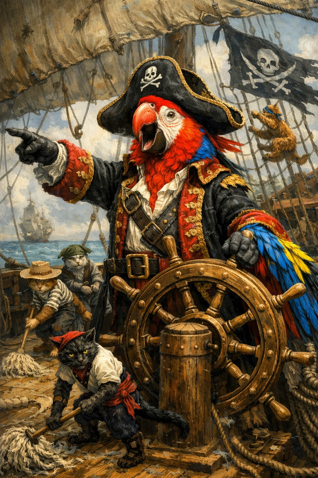 Perroquet pirate coloré commandant un navire à l’équipage de chats
