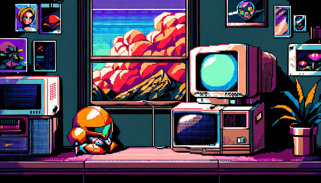 Fille d’anime assise près d’un PC vintage en pixel art